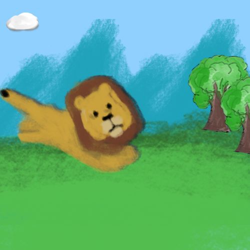 a lion cub practicing leaping and landing