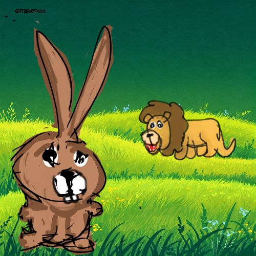a lion watching a little bunny hopping around.