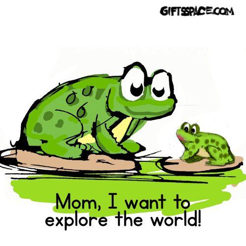 Mom frog and her little frog son sitting on a lotus leaf