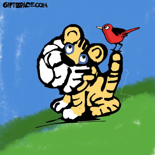 tiger cub and the red bird cartoon illustration