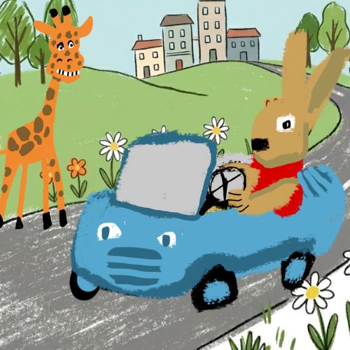 illustration of a bunny riding a blue car. Happy giraffe asking for a lift.
