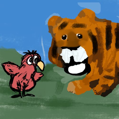 A red bird showing something to the tiger cub