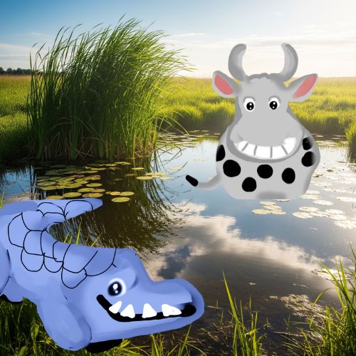the cow swimming across the river a croc is hiding behind the grass