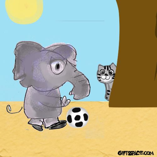 elephant with a football a cat behind the tree is staring at it.