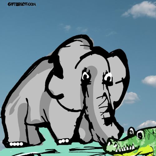 an elephant and the crocodile meeting for the first time on the riverside.