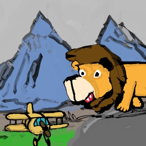 lion staring at the airplane landed in the meadows