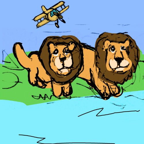two lion os on the riverside curious about the flying little thing
