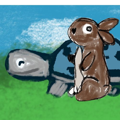 A digital illustration of a brown rabbit sitting on the shell of a blue tortoise in a green meadow under a blue sky.