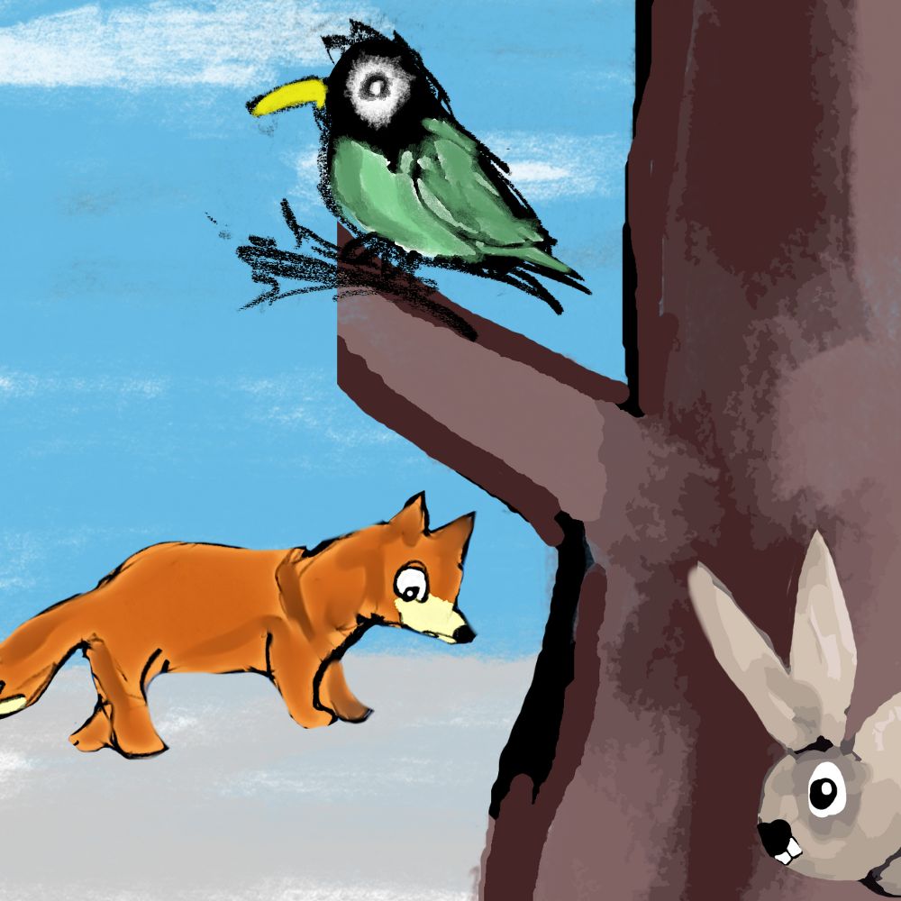 hiding rabbit and the fox, and a bird