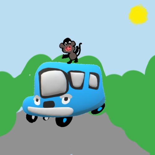 monkey travelling on the top of a blue bus illustration