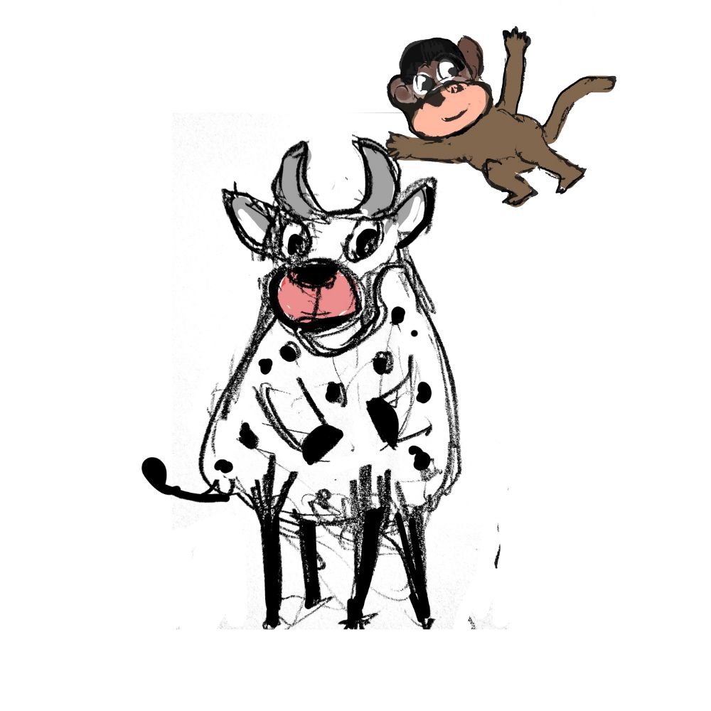 monkey playing with the cow