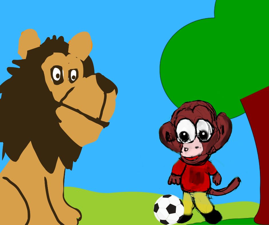 lion and the monkey playing football