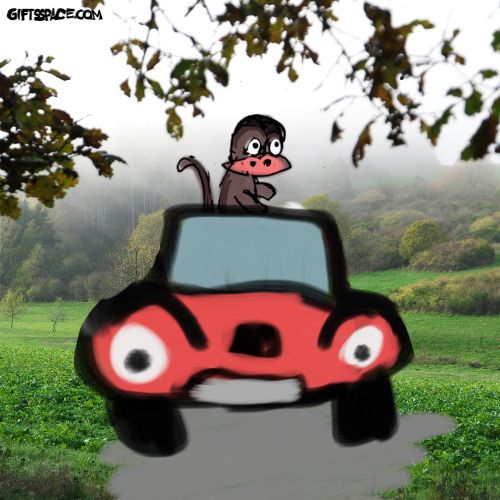 A cartoon illustration of a brown monkey sitting on the roof of a small, red car. The car is driving on a path through a green, grassy field with a foggy forest and trees in the background.
