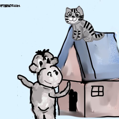 the monkey is knocking the door while a cat is sitting on the rooftop illustration for kids