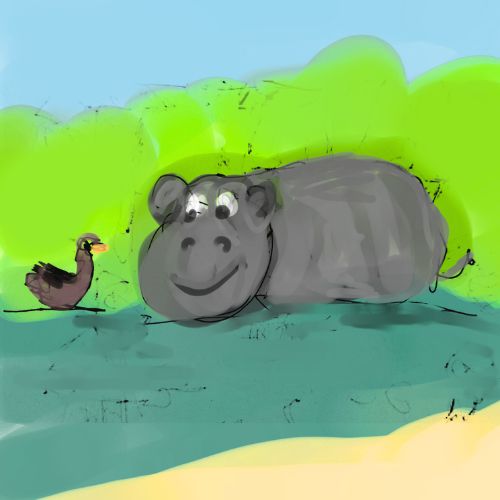 A friendly gray hippo resting in the water next to a curious brown duck on a sunny day.