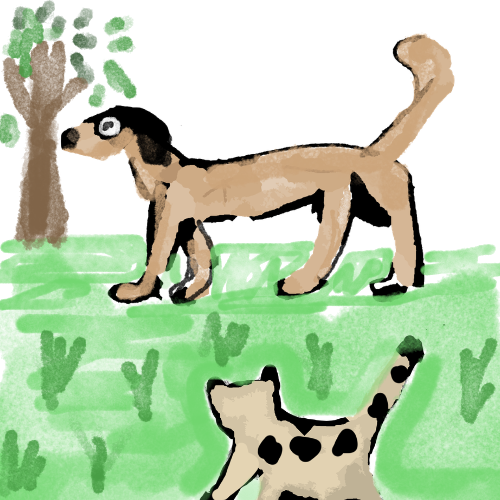 cat and the dog walking in the park illustration