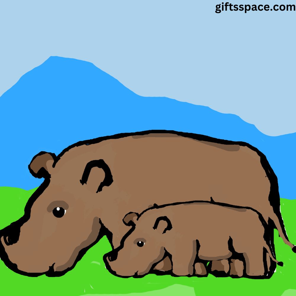 mother and baby hippos walking