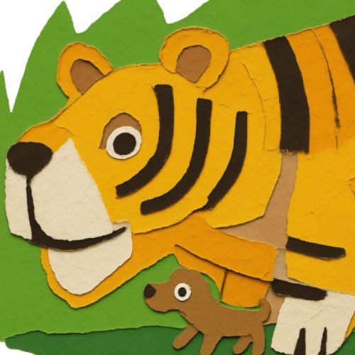 A vibrant paper-craft collage of a worried tiger leading a small, helpful dog on a search mission through the jungle.