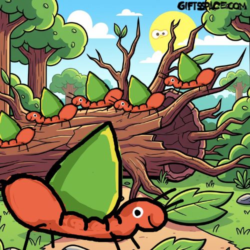 ant carrying a big leaf on its back and still smiling