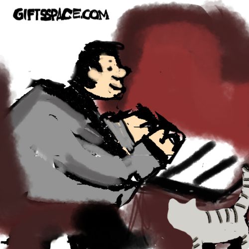 cat looking at the pianist while he is playing on a traditional piano