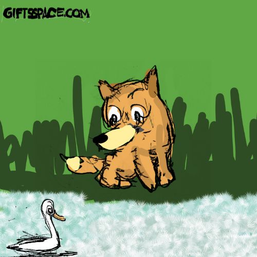 a fox looking at a swan swimming in the river appreciating its cloud like beauty