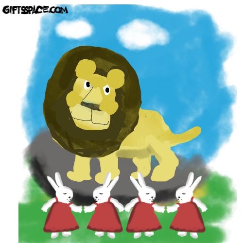 The lion is watching a performance by little bunnies.