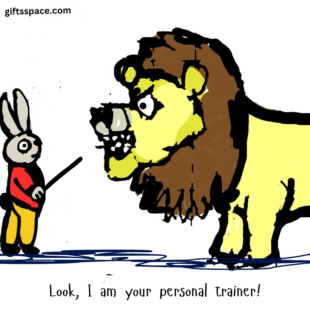 lion and rabbit personal trainer cartoon