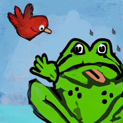 red bird and the frog illustration for childen