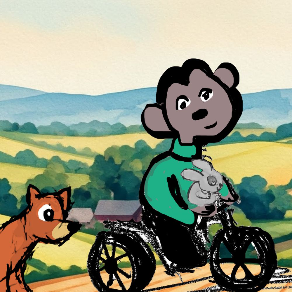 pip the monkey rescuing a bunny from a fox.