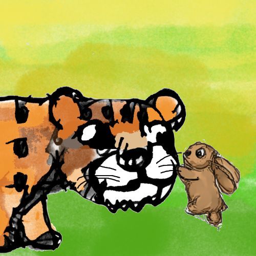 A tiny, determined brown rabbit named Pip standing on his tiptoes in tall grass, reaching his small paws toward the long silver whiskers of a large leopard snoring under an acacia tree.
