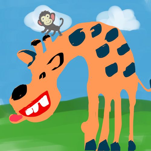 Whimsical illustration of a smiling orange giraffe with dark spots and a small monkey sitting on its head against a blue sky.
