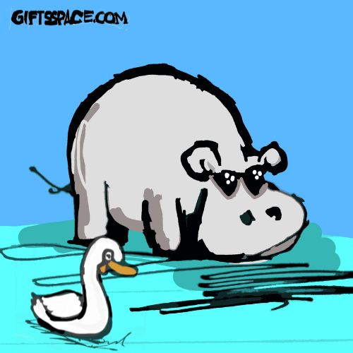 hippo wearing a cooling glass meeting the duck in the pond.