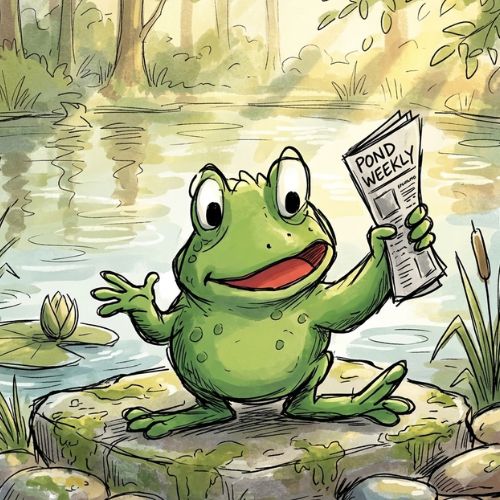 illustration of a green frog holding pond weekly