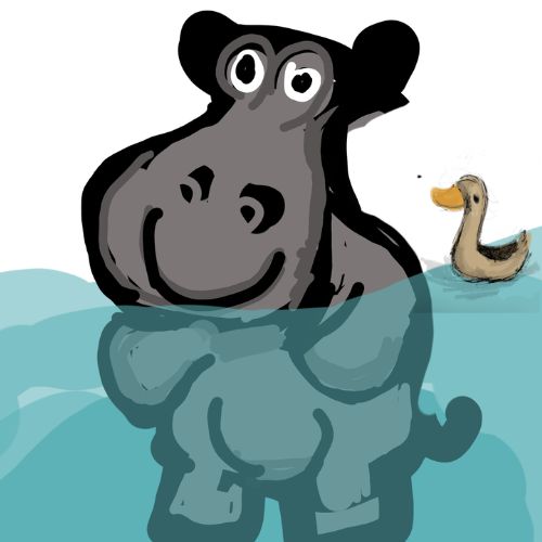A whimsical digital illustration of a cheerful gray hippo smiling cheerfully while standing partially submerged in clear blue water.