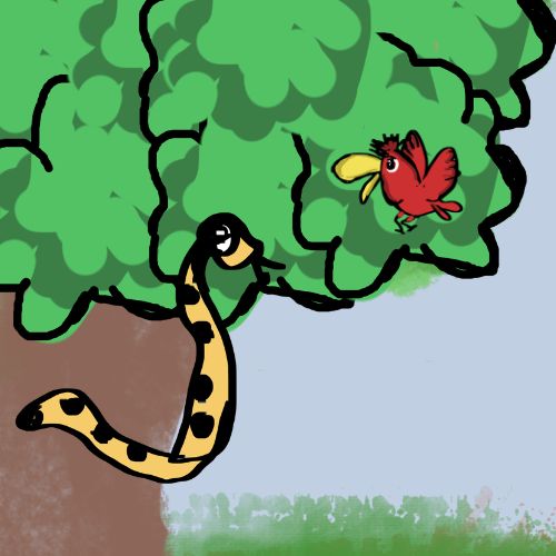 A cartoon illustration of a small red bird looking in surprise at a long, yellow, spotted snake coiled around a tree branch.