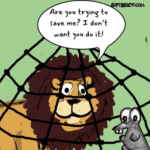 lion traped in a rope net and the rat trying to help him out of the net