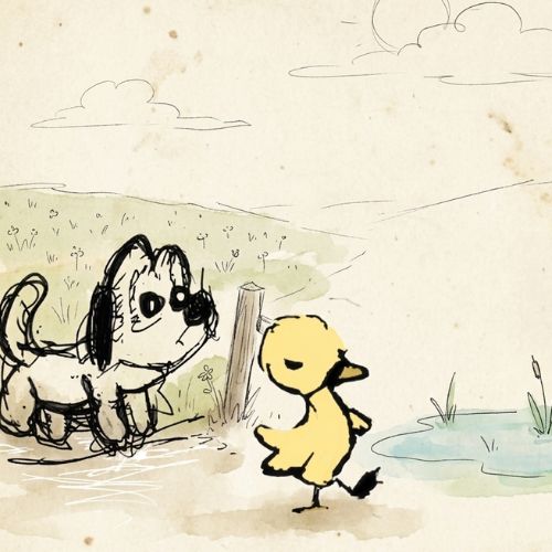illustration of a puppy watching the marching duckling trying to warn it