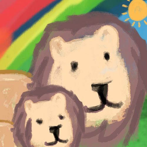 lion dad and son are watching a colorful rainbow display