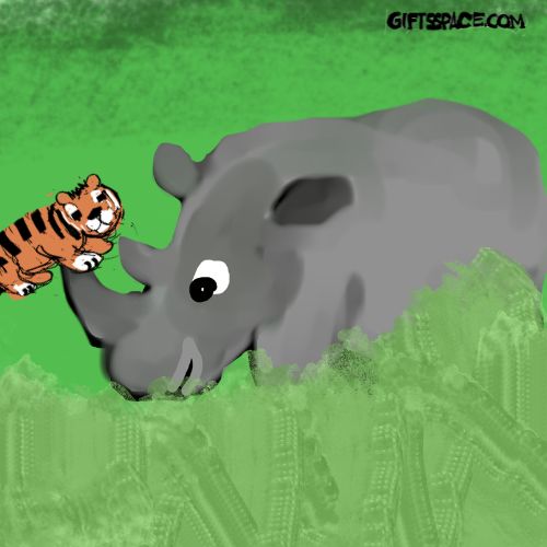 tiger cub playing with a rhino horn illustration for children