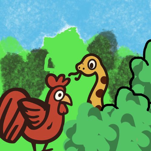 rooster and yellownake behind the bush