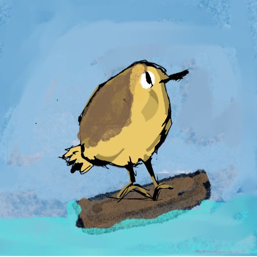 an yellow bird is sailing on a wooden log