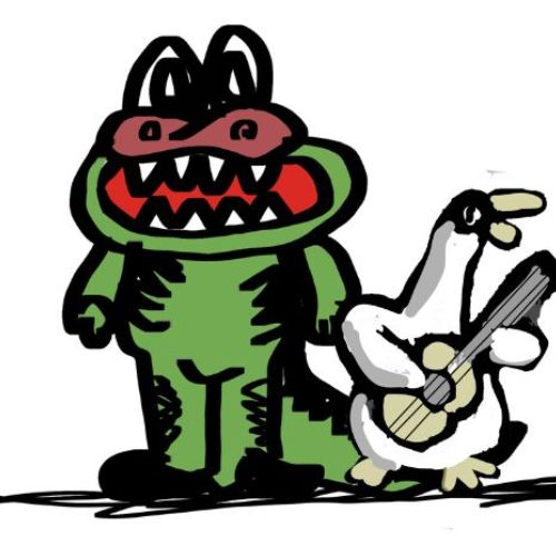 Hand-drawn illustration of a big green cartoon crocodile with its mouth open standing next to a white bird playing a small guitar.