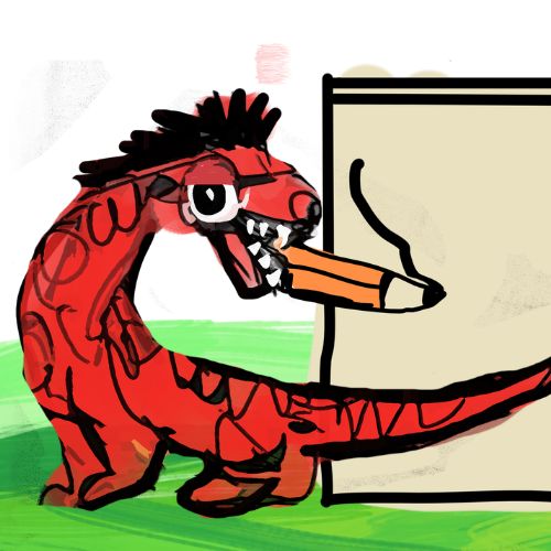 red dgraon holding a pencil in its mouth
