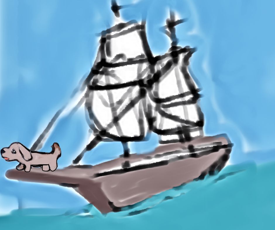 dog standing on a wooden ship