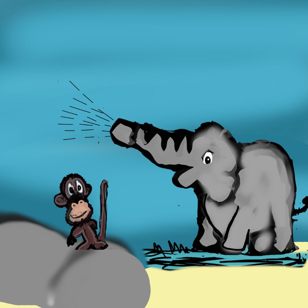 elephant spraying water on a monkey