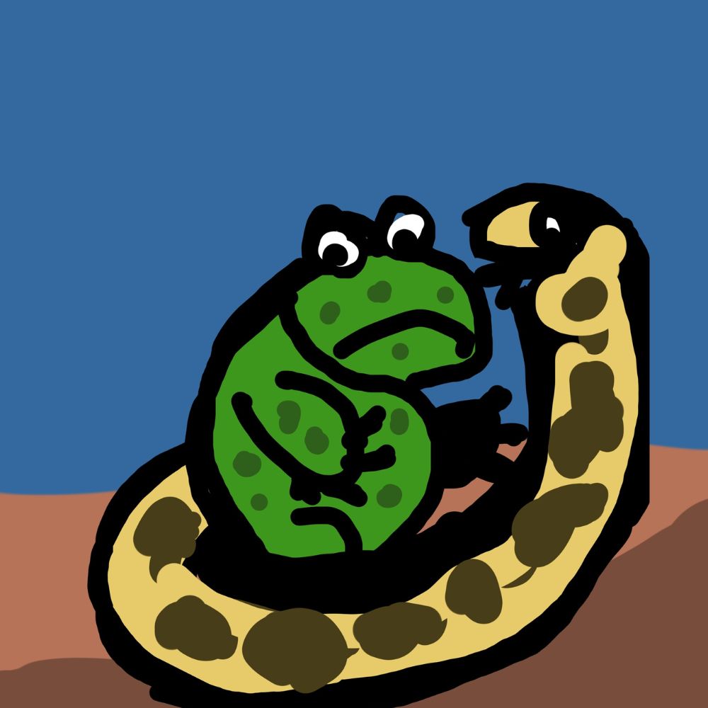 A frog and the snake going to eat it