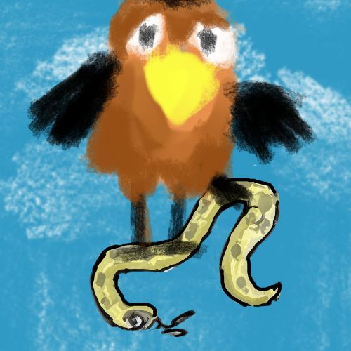 a bird holding yellow snake in its legs.