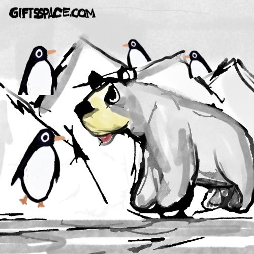 polar bear meets penguin army in Antartica