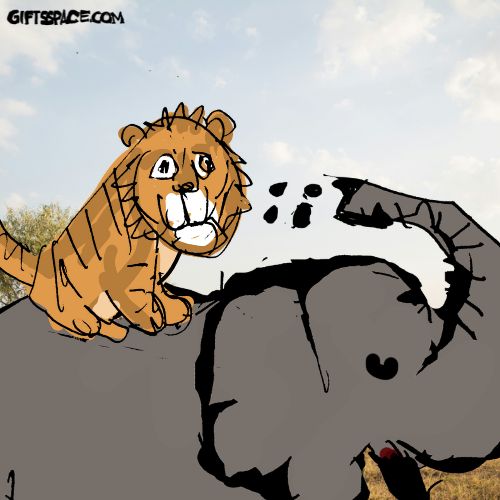 tiger sitting upon the elephant getting dirt bath
