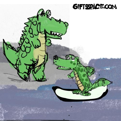 corocodile baby is urfing while his mother is looking at him.